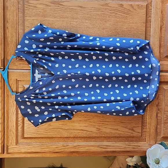 41 Hawthorn Tops - 41 Hawthorne Blue Polka Dot V-Neck Blouse, Size XL